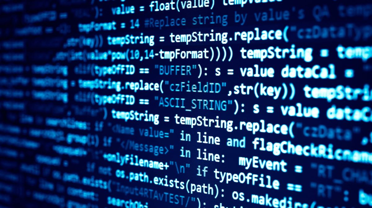 Fundo de código em azul escuro — referência ao traço + código
