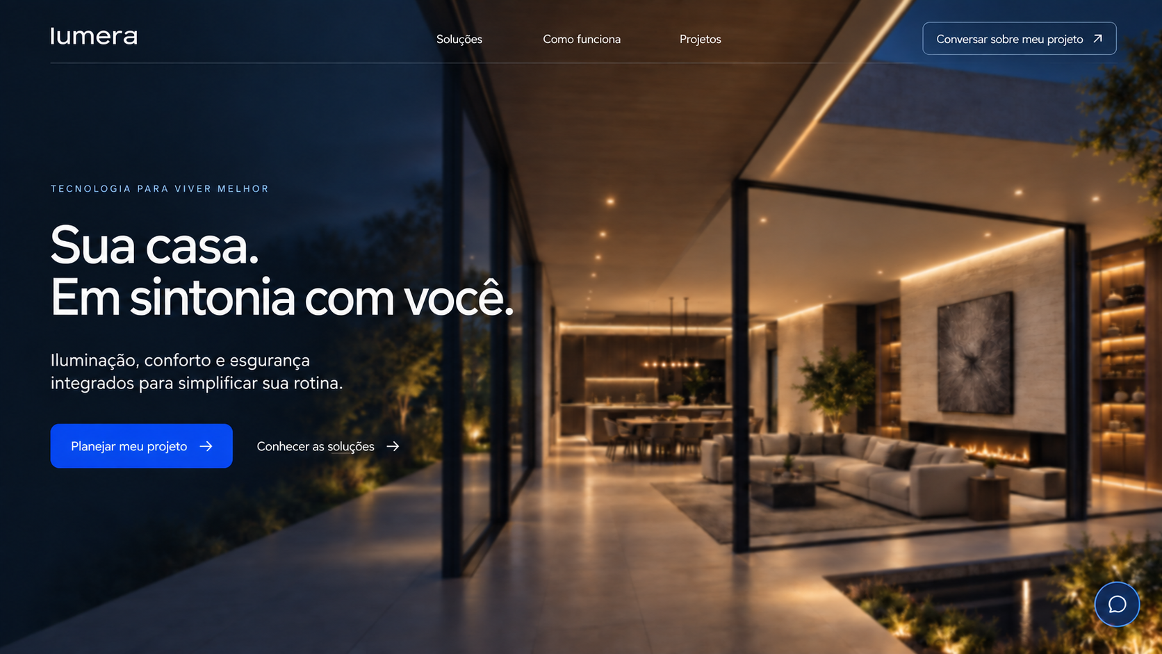 Landing page da Lumera Automação com hero escuro de casa moderna