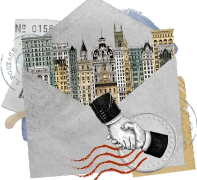 Sticker de um envelope aberto com prédios e um aperto de mãos